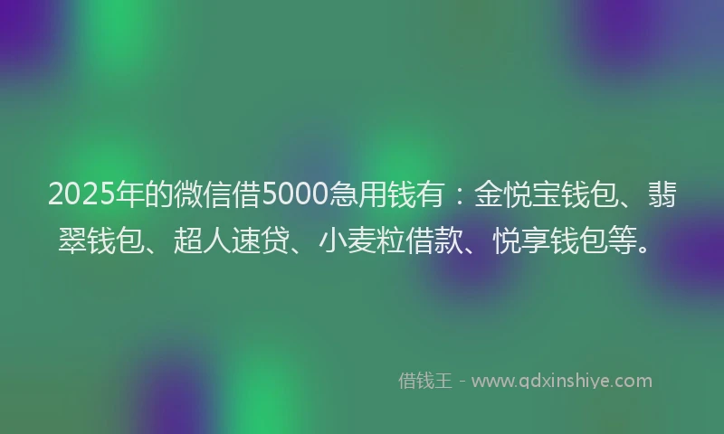 2025年的微信借5000急用钱有：金悦宝钱包、翡翠钱包、超人速贷、小麦粒借款、悦享钱包等。