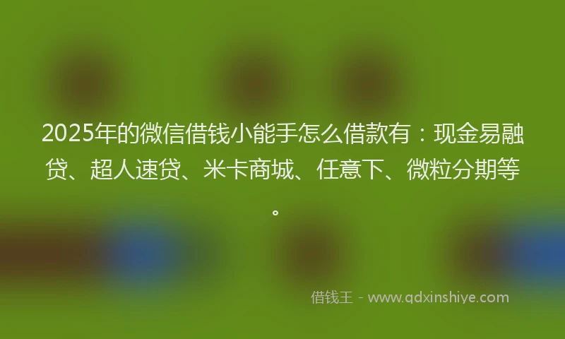 2025年的微信借钱小能手怎么借款有：现金易融贷、超人速贷、米卡商城、任意下、微粒分期等。