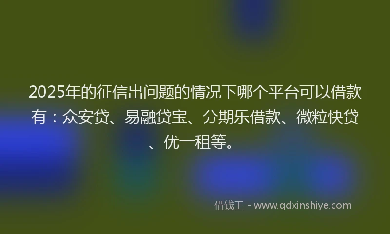 2025年的征信出问题的情况下哪个平台可以借款有：众安贷、易融贷宝、分期乐借款、微粒快贷、优一租等。