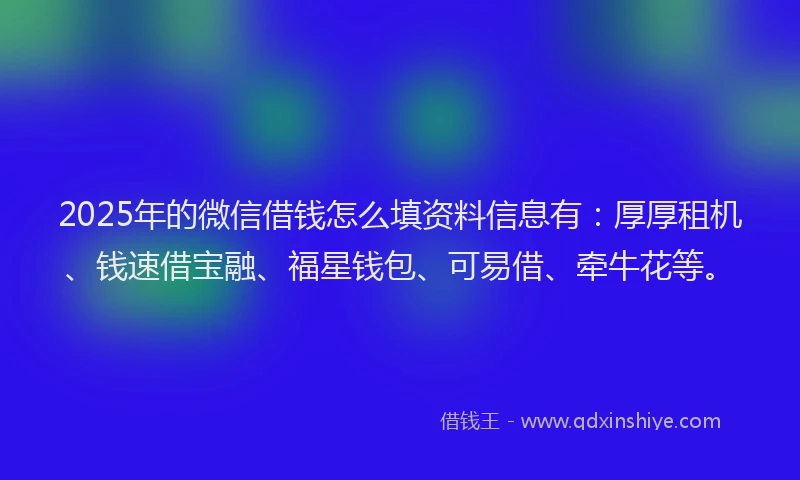 2025年的微信借钱怎么填资料信息有：厚厚租机、钱速借宝融、福星钱包、可易借、牵牛花等。