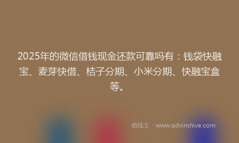 2025年的微信借钱现金还款可靠吗有：钱袋快融宝、麦芽快借、桔子分期、小米分期、快融宝盒等。