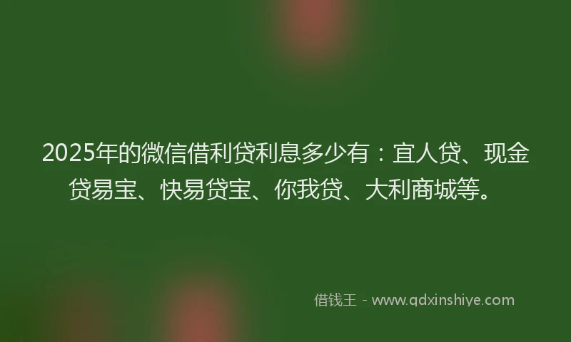 2025年的微信借利贷利息多少有：宜人贷、现金贷易宝、快易贷宝、你我贷、大利商城等。