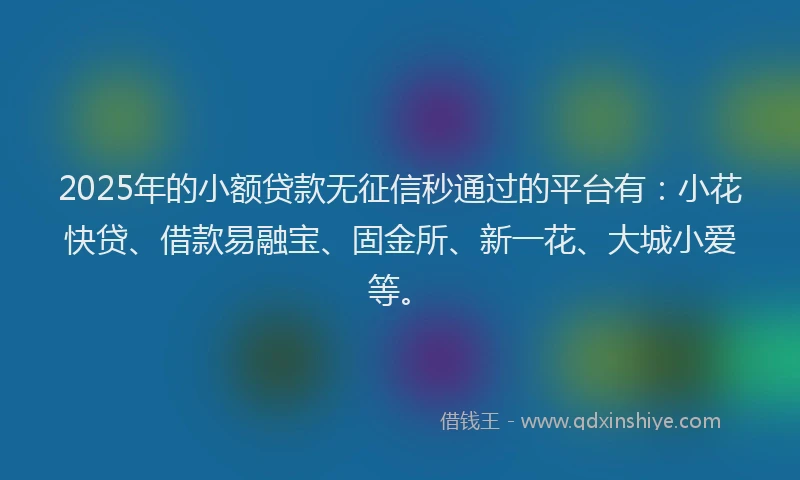 2025年的小额贷款无征信秒通过的平台有：小花快贷、借款易融宝、固金所、新一花、大城小爱等。