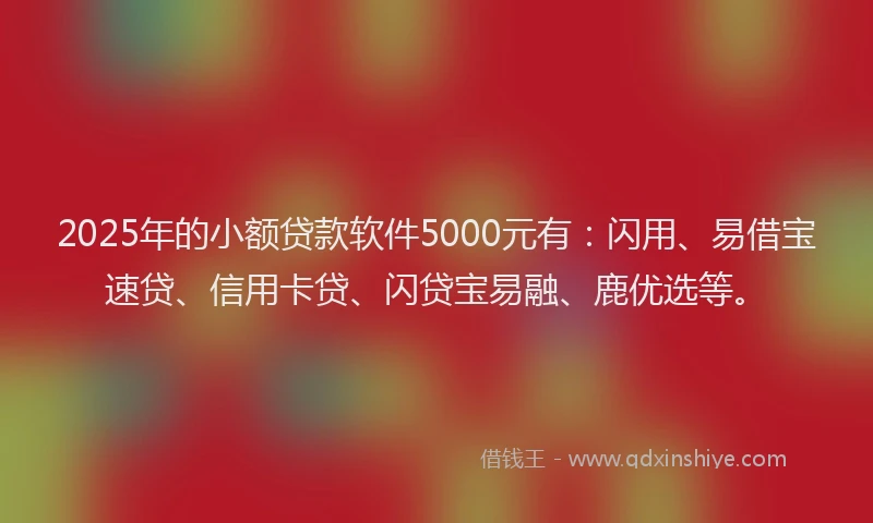 2025年的小额贷款软件5000元有：闪用、易借宝速贷、信用卡贷、闪贷宝易融、鹿优选等。