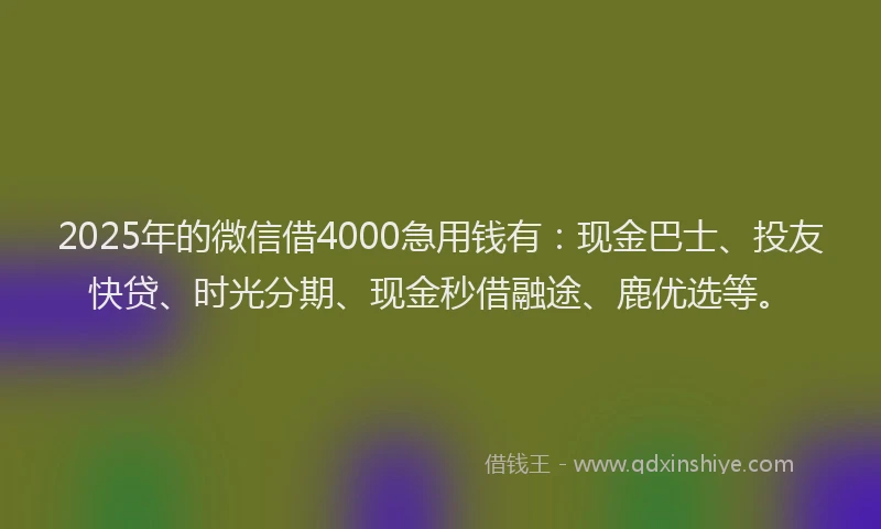 2025年的微信借4000急用钱有:现金巴士、投友快贷、时光分期、现金秒借融途、鹿优选等。