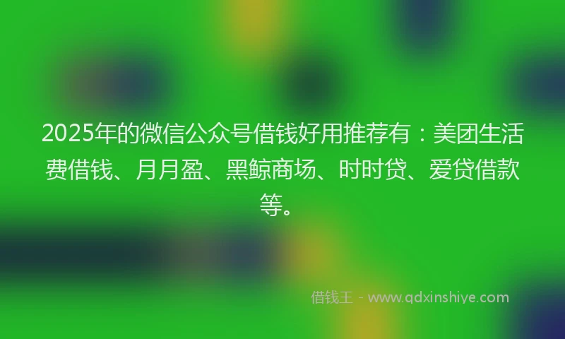 2025年的微信公众号借钱好用推荐有：美团生活费借钱、月月盈、黑鲸商场、时时贷、爱贷借款等。