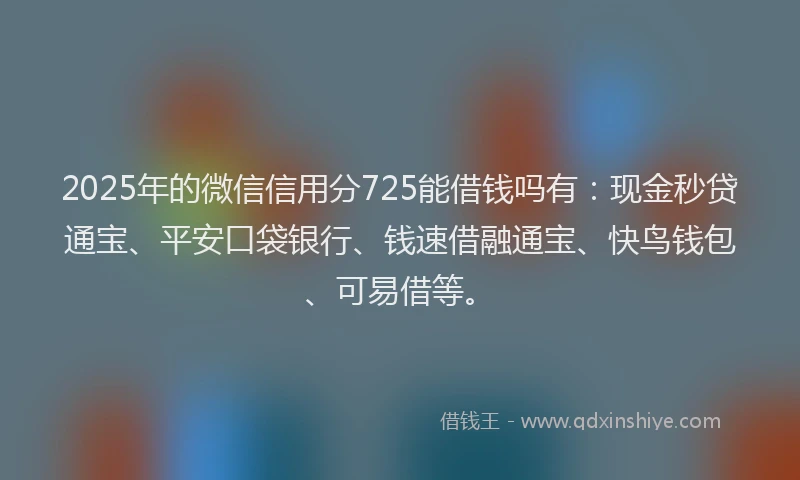 2025年的微信信用分725能借钱吗有：现金秒贷通宝、平安口袋银行、钱速借融通宝、快鸟钱包、可易借等。