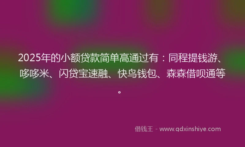 2025年的小额贷款简单高通过有：同程提钱游、哆哆米、闪贷宝速融、快鸟钱包、森森借呗通等。