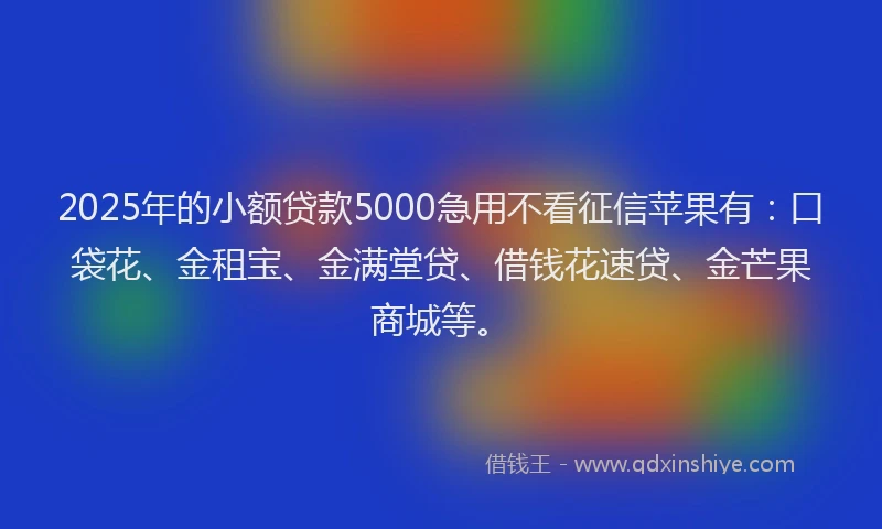 2025年的小额贷款5000急用不看征信苹果有：口袋花、金租宝、金满堂贷、借钱花速贷、金芒果商城等。