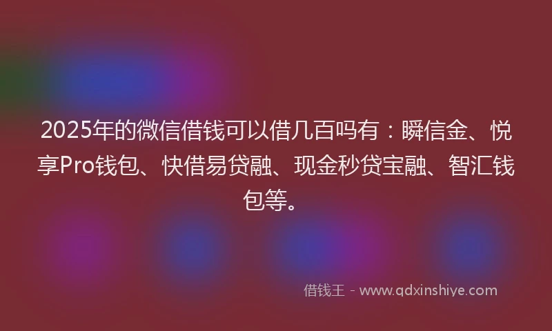 2025年的微信借钱可以借几百吗有:瞬信金、悦享Pro钱包、快借易贷融、现金秒贷宝融、智汇钱包等。