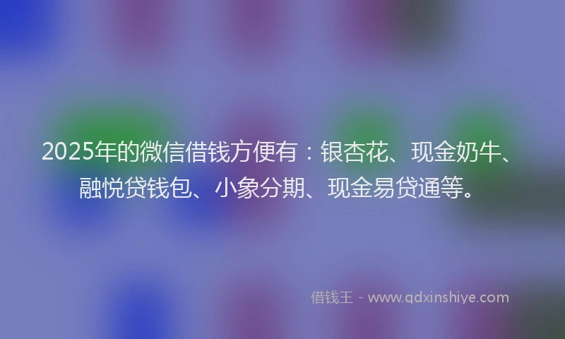 2025年的微信借钱方便有：银杏花、现金奶牛、融悦贷钱包、小象分期、现金易贷通等。
