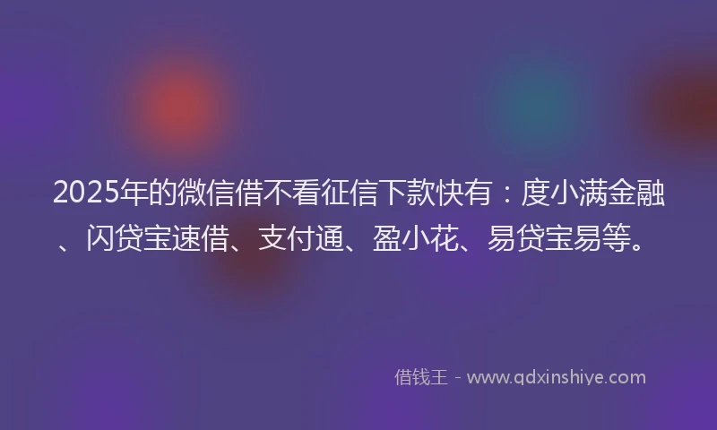 2025年的微信借不看征信下款快有：度小满金融、闪贷宝速借、支付通、盈小花、易贷宝易等。
