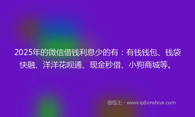 2025年的微信借钱利息少的有：有钱钱包、钱袋快融、洋洋花呗通、现金秒借、小狗商城等。