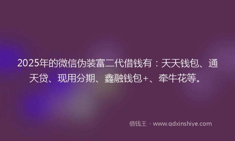 2025年的微信伪装富二代借钱有：天天钱包、通天贷、现用分期、鑫融钱包+、牵牛花等。