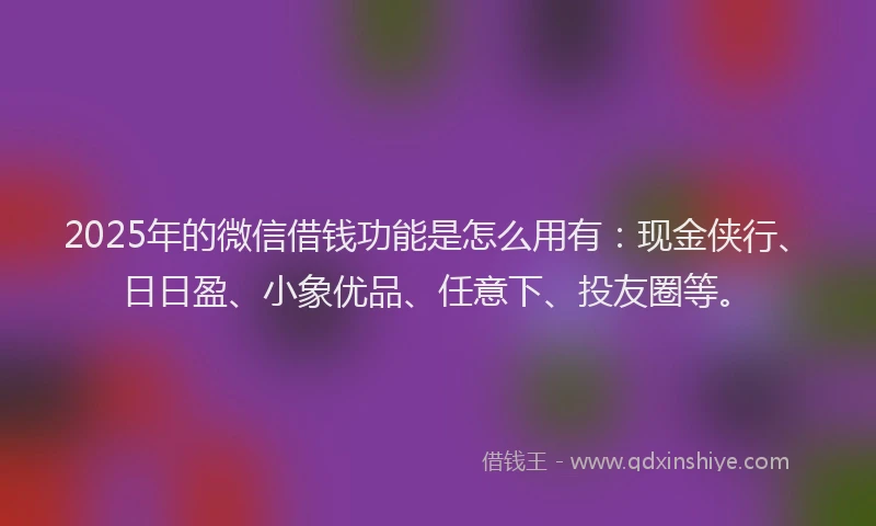 2025年的微信借钱功能是怎么用有:现金侠行、日日盈、小象优品、任意下、投友圈等。