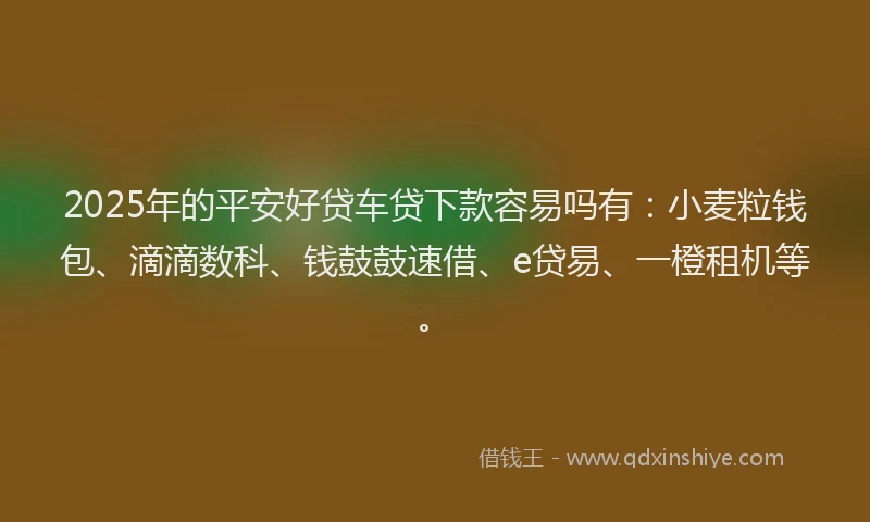 2025年的平安好贷车贷下款容易吗有：小麦粒钱包、滴滴数科、钱鼓鼓速借、e贷易、一橙租机等。