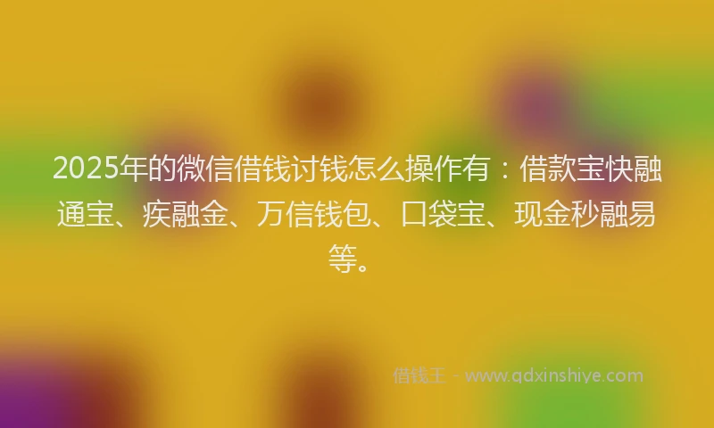 2025年的微信借钱讨钱怎么操作有：借款宝快融通宝、疾融金、万信钱包、口袋宝、现金秒融易等。