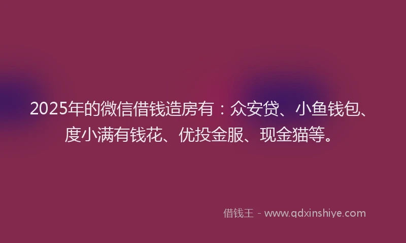 2025年的微信借钱造房有：众安贷、小鱼钱包、度小满有钱花、优投金服、现金猫等。