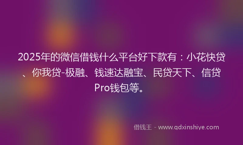 2025年的微信借钱什么平台好下款有：小花快贷、你我贷-极融、钱速达融宝、民贷天下、信贷Pro钱包等。