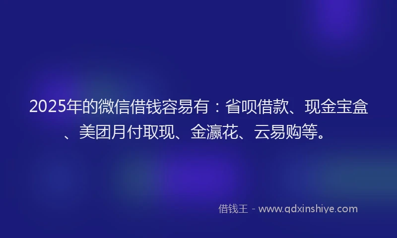 2025年的微信借钱容易有：省呗借款、现金宝盒、美团月付取现、金瀛花、云易购等。