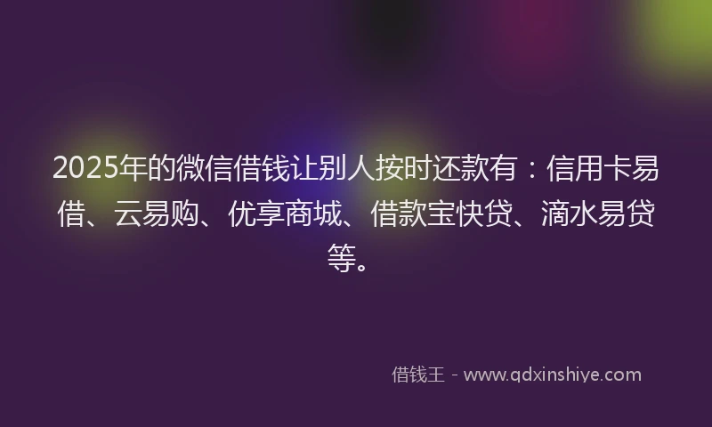 2025年的微信借钱让别人按时还款有：信用卡易借、云易购、优享商城、借款宝快贷、滴水易贷等。