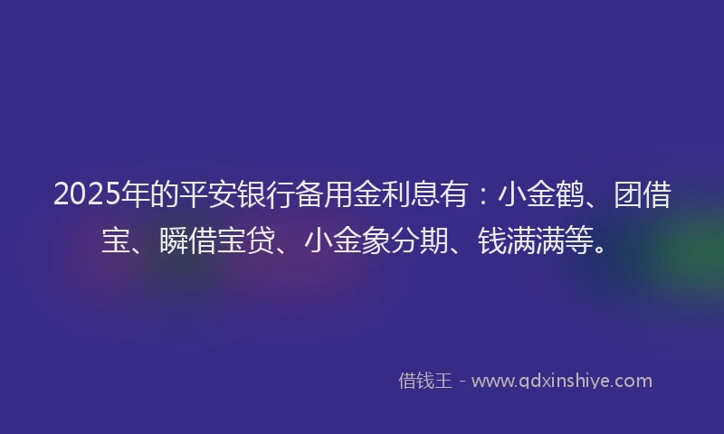 2025年的平安银行备用金利息有：小金鹤、团借宝、瞬借宝贷、小金象分期、钱满满等。