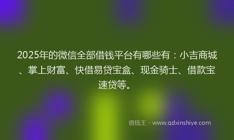 2025年的微信全部借钱平台有哪些有：小吉商城、掌上财富、快借易贷宝盒、现金骑士、借款宝速贷等。