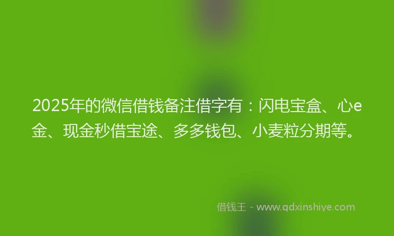 2025年的微信借钱备注借字有：闪电宝盒、心e金、现金秒借宝途、多多钱包、小麦粒分期等。
