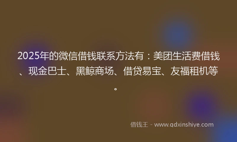 2025年的微信借钱联系方法有：美团生活费借钱、现金巴士、黑鲸商场、借贷易宝、友福租机等。
