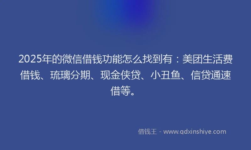 2025年的微信借钱功能怎么找到有：美团生活费借钱、琉璃分期、现金侠贷、小丑鱼、信贷通速借等。