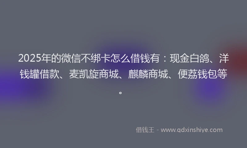 2025年的微信不绑卡怎么借钱有:现金白鸽、洋钱罐借款、麦凯旋商城、麒麟商城、便荔钱包等。