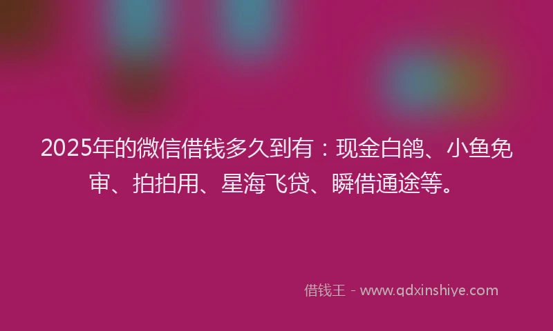 2025年的微信借钱多久到有：现金白鸽、小鱼免审、拍拍用、星海飞贷、瞬借通途等。