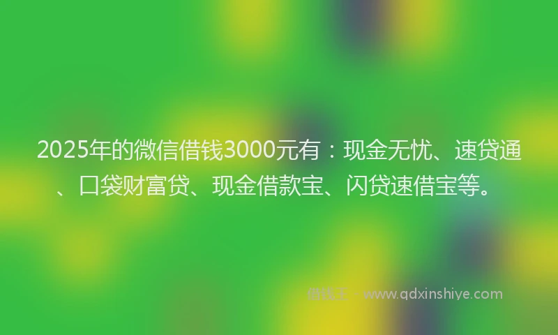 2025年的微信借钱3000元有：现金无忧、速贷通、口袋财富贷、现金借款宝、闪贷速借宝等。