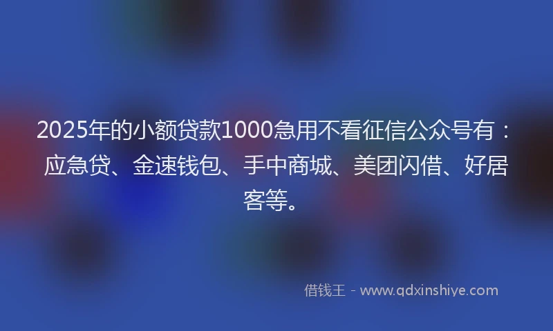 2025年的小额贷款1000急用不看征信公众号有：应急贷、金速钱包、手中商城、美团闪借、好居客等。