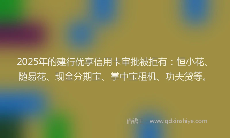 2025年的建行优享信用卡审批被拒有：恒小花、随易花、现金分期宝、掌中宝租机、功夫贷等。