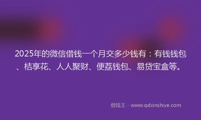 2025年的微信借钱一个月交多少钱有：有钱钱包、桔享花、人人聚财、便荔钱包、易贷宝盒等。