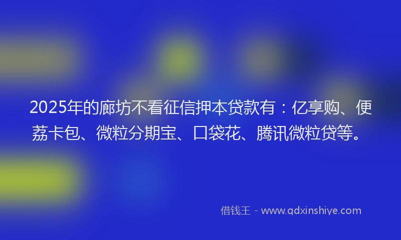 2025年的廊坊不看征信押本贷款有：亿享购、便荔卡包、微粒分期宝、口袋花、腾讯微粒贷等。