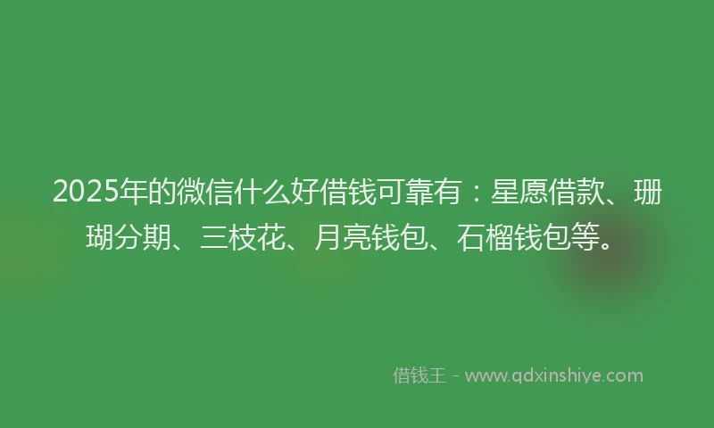 2025年的微信什么好借钱可靠有：星愿借款、珊瑚分期、三枝花、月亮钱包、石榴钱包等。