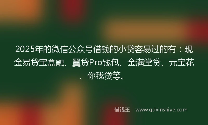 2025年的微信公众号借钱的小贷容易过的有：现金易贷宝盒融、翼贷Pro钱包、金满堂贷、元宝花、你我贷等。
