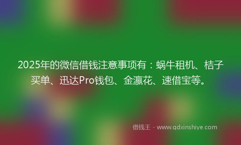 2025年的微信借钱注意事项有：蜗牛租机、桔子买单、迅达Pro钱包、金瀛花、速借宝等。