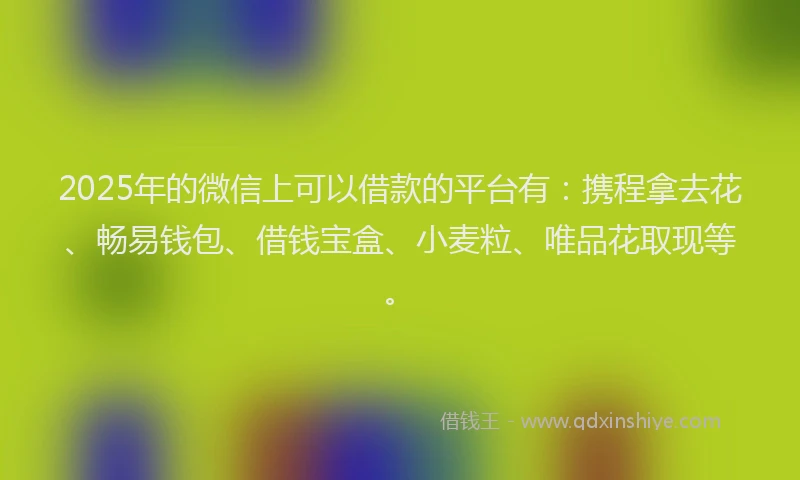 2025年的微信上可以借款的平台有：携程拿去花、畅易钱包、借钱宝盒、小麦粒、唯品花取现等。