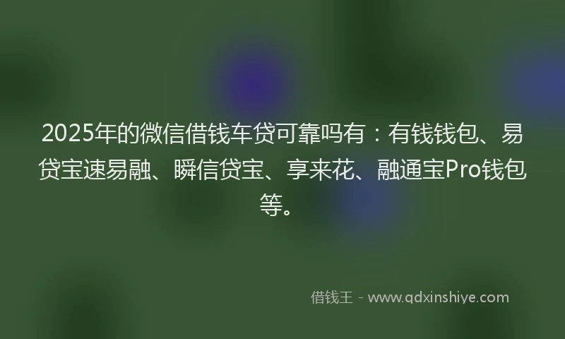 2025年的微信借钱车贷可靠吗有：有钱钱包、易贷宝速易融、瞬信贷宝、享来花、融通宝Pro钱包等。