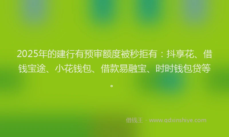 2025年的建行有预审额度被秒拒有：抖享花、借钱宝途、小花钱包、借款易融宝、时时钱包贷等。