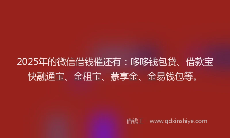 2025年的微信借钱催还有:哆哆钱包贷、借款宝快融通宝、金租宝、蒙享金、金易钱包等。