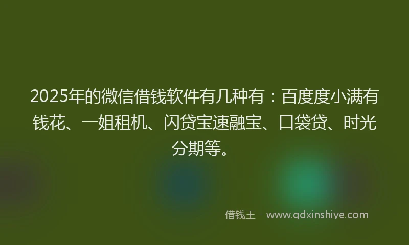 2025年的微信借钱软件有几种有：百度度小满有钱花、一姐租机、闪贷宝速融宝、口袋贷、时光分期等。