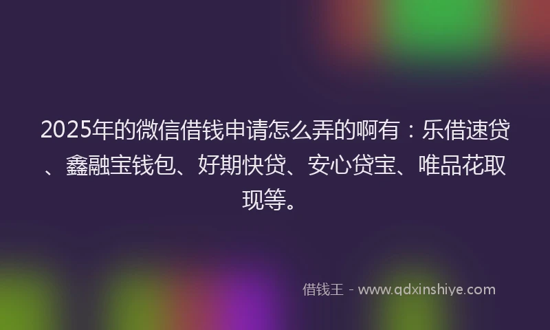 2025年的微信借钱申请怎么弄的啊有：乐借速贷、鑫融宝钱包、好期快贷、安心贷宝、唯品花取现等。