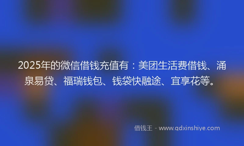 2025年的微信借钱充值有:美团生活费借钱、涌泉易贷、福瑞钱包、钱袋快融途、宜享花等。