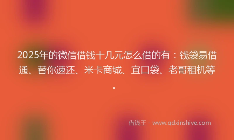 2025年的微信借钱十几元怎么借的有：钱袋易借通、替你速还、米卡商城、宜口袋、老哥租机等。