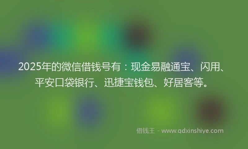 2025年的微信借钱号有：现金易融通宝、闪用、平安口袋银行、迅捷宝钱包、好居客等。