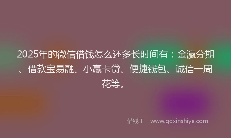 2025年的微信借钱怎么还多长时间有：金瀛分期、借款宝易融、小赢卡贷、便捷钱包、诚信一周花等。